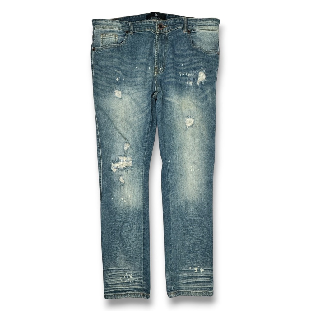 Focus Jeans Mens 38x32 Distressed Moto Denim Blue Paint Splatter Slim Straight